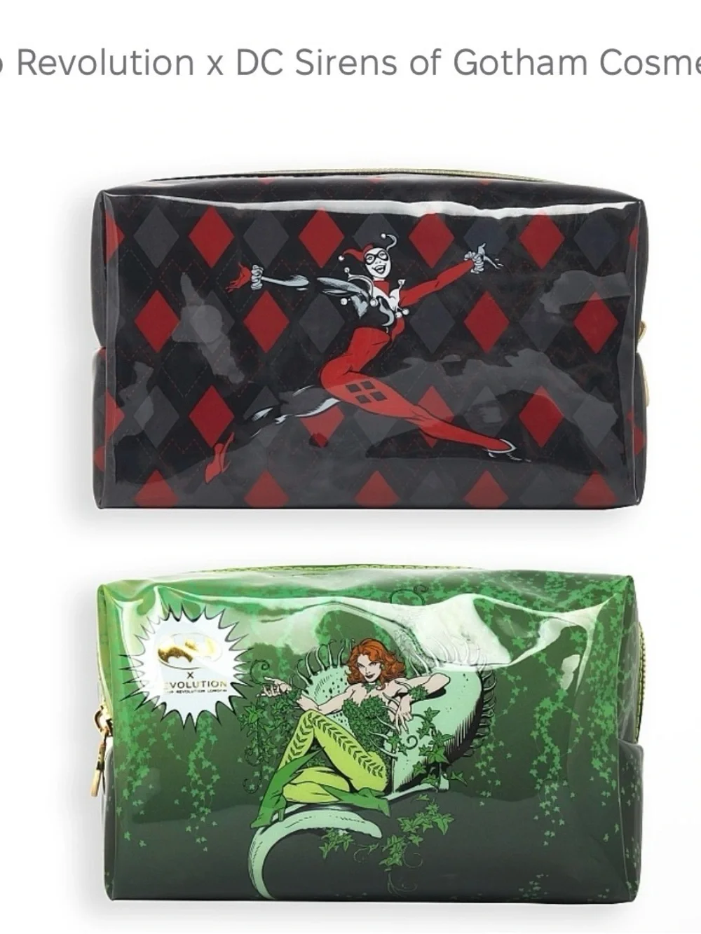 Revolution x DC Harley Quinn & Poison Ivy Cosmetic Bag Set - Black & Green NEW